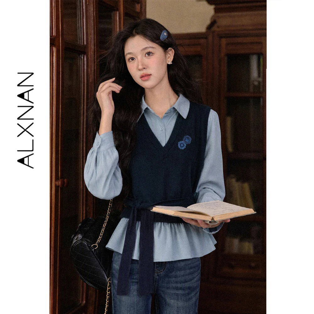 ALXNAN Blue Fake Two-piece Shirt for Women Autumn New Lapel Waist Slim Elegant Top Comes with Brooch L678173A