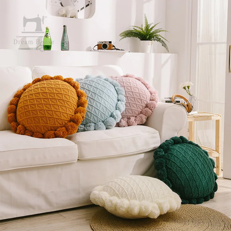 Inyahome Round Creative Knitting Pompoms Sunflower Pillow Decorative Cushion Throw Pillow with Insert Plush Pillow Christmas