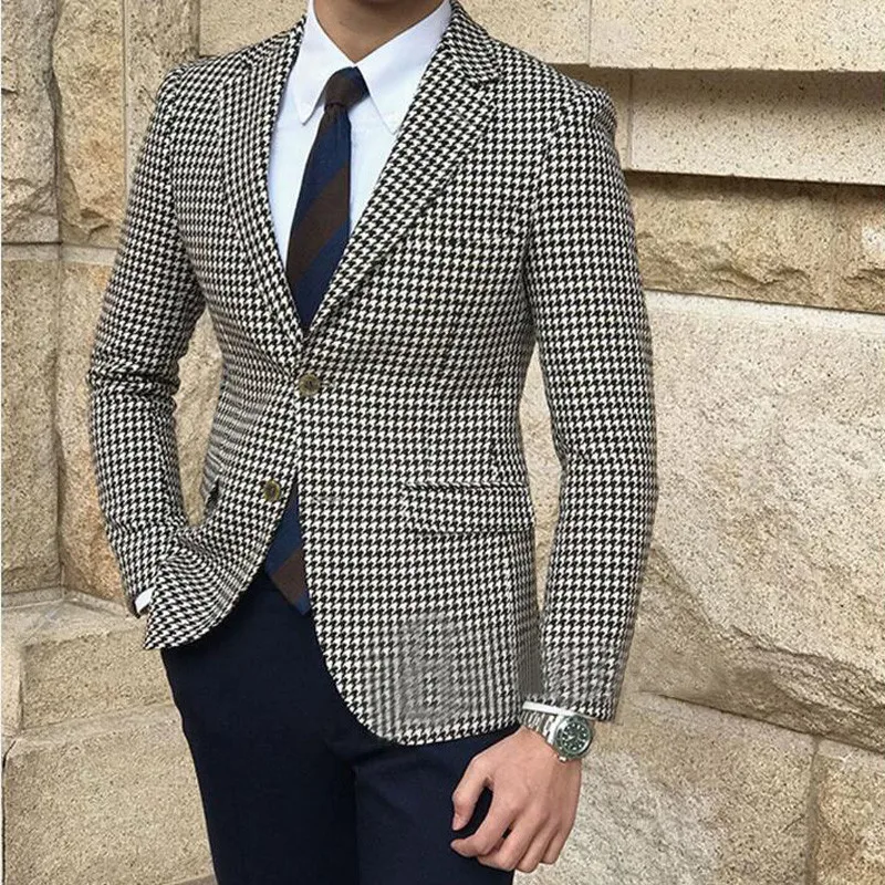 

Casual Plaid Men's suits 2 Piece Groomsmen Wedding Tuxedo Checked Houndstooth Suit for Men Slim Fit Male Fashion Blazer Pants