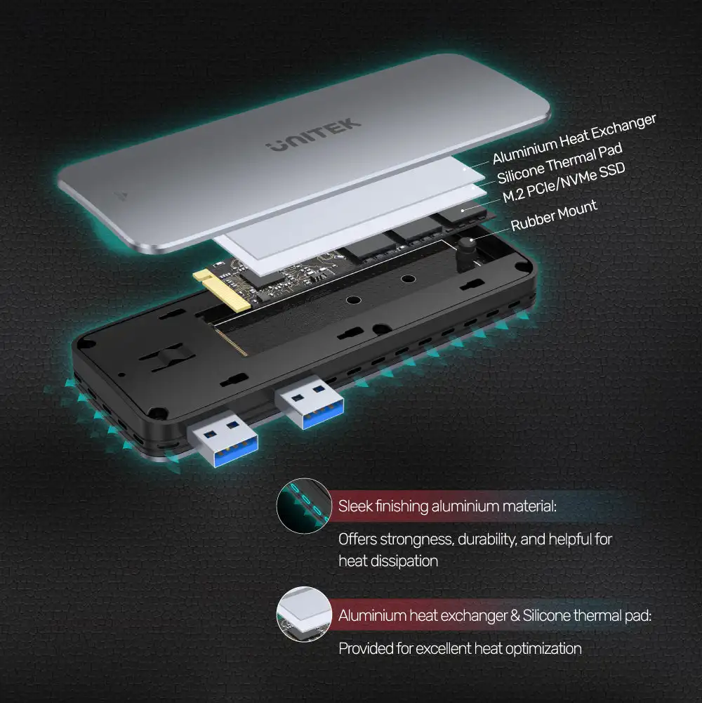 Imagem -06 - Nvme Ssd Case Dual Usb 3.2 Gen2 10gbps para Nvme Ssd M.2 Gabinete de Disco Rígido para Ps5 com Usb Fêmea para Cabo Usb Macho Unitek-m2