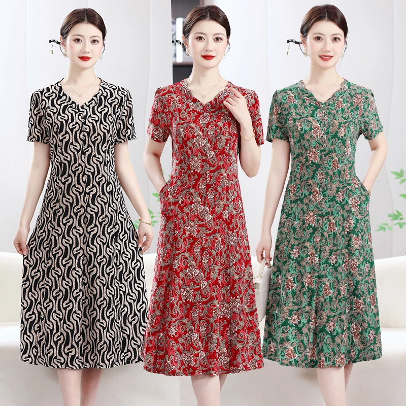 Sommer Damen Kleider lässig V-Ausschnitt Print Vintage Kurzarm Damen Kleidung Damen Kleidung Sommerkleider