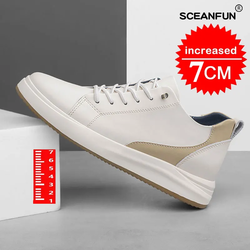 Sapatos casuais de couro genuíno para homens, tênis brancos, calçados masculinos, aumento de altura, palmilha de 7cm