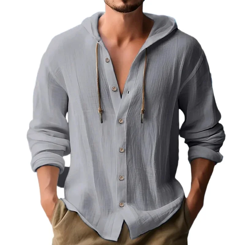 

Summer Men's Cotton Linen Hooded Shirts Solid Streetwear Long Sleeve Button Cardigan For Men Casual Loose Hoodie Tops Men Shirt