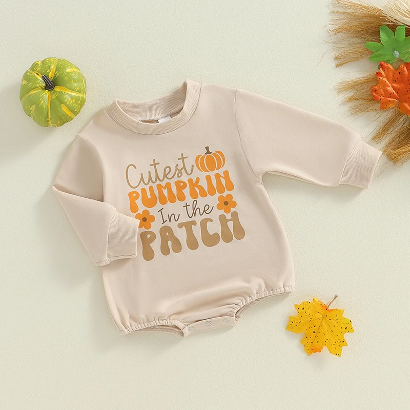 Newborn Baby Girl Boy Halloween Romper Cutest Pumpkin Patch in the Patch Bubble Romper Bodysuit Infant Fall Clothes