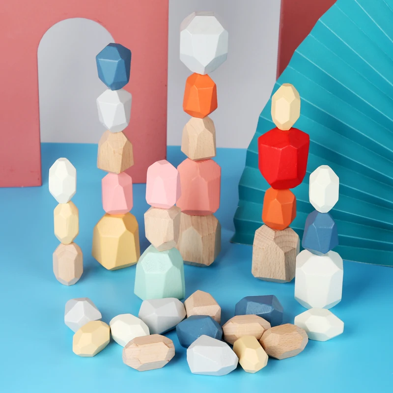 Montessori Wooden Sorting Stacking Rocks Stones Sensory Toddler Toys Learning Toys Building Blocks Game for Kids Birthday Gifts