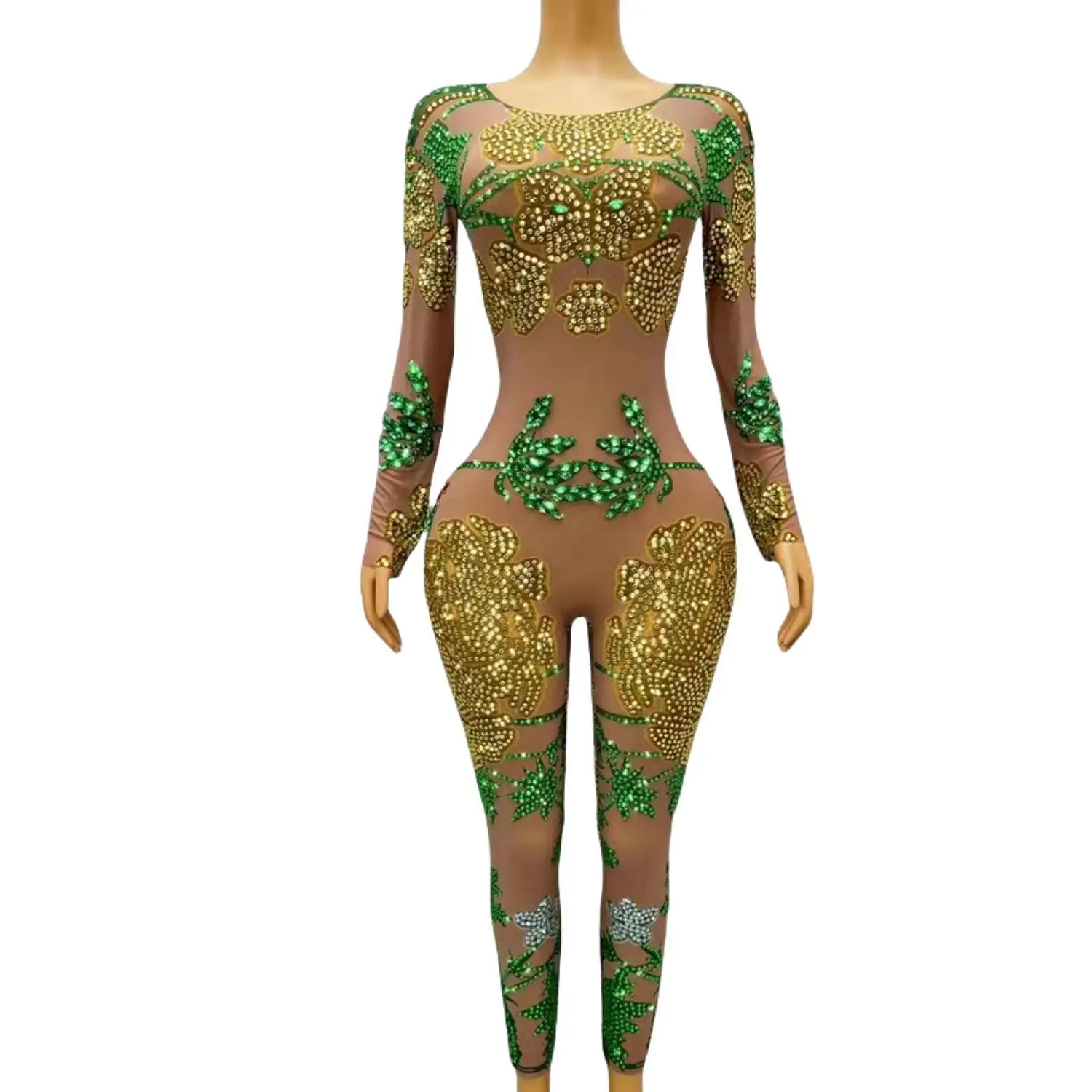 Sexy Stretch Skinny Green Rhinestones One Piece Playsuits Women Showgirl Dance Performance Stage Costume Club Party Jumpsuits