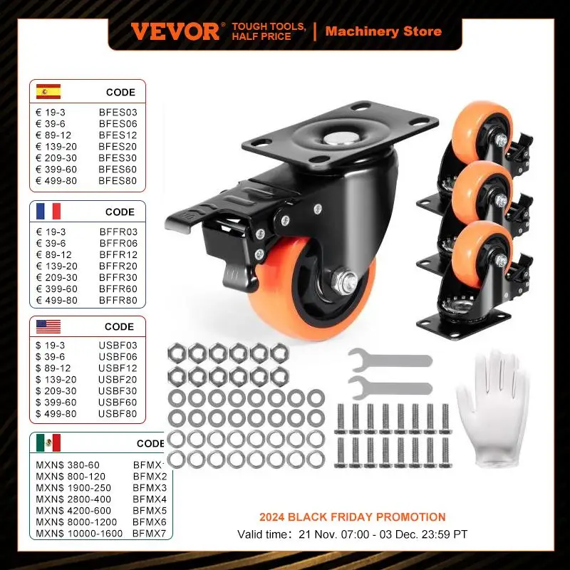 VEVOR 2/3/4/5/6in 4pcs Caster Wheels Swivel Plate Casters with A/B Locking No Noise PVC Wheels for Cart Furniture Workbench