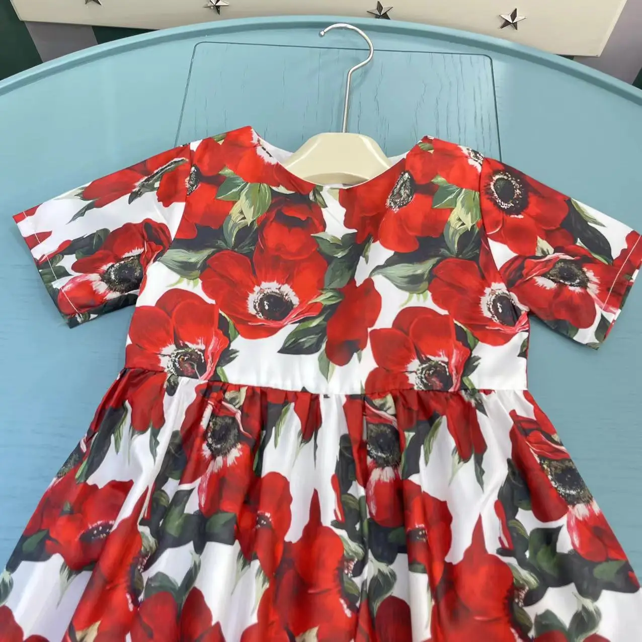 Brand children's clothing 2024 summer new girls red flower short sleeved children's dress