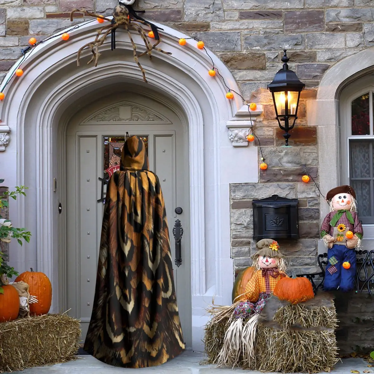 ريشة طويلة مقنعين عباءة الساحرة القرون الوسطى زي تأثيري كيب HalloweenParty الكبار للجنسين