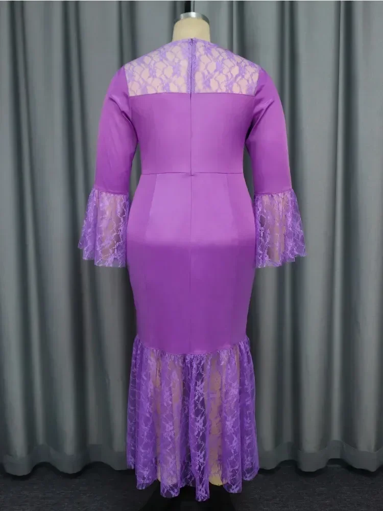 Abito slim fit pieghettato elegante girocollo in pizzo Abito lungo da festa in discoteca con patchwork in raso viola opaco autunno/inverno