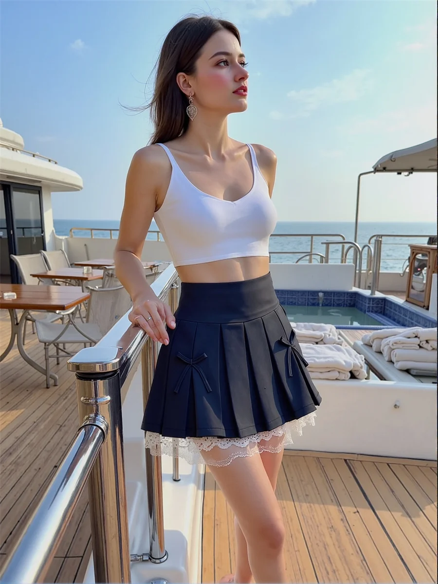 

Pleated Bow Skirts Womens Chic Patchwork High Waist Elegant Ruffled Mesh Flowy Layered Summer Midi Modern