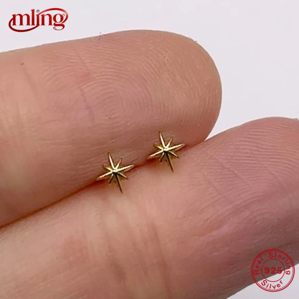 

MLING S925 Sterling Silver Octagonal Star Stud Earrings For Women Ins 18K Gold Plated Mini Minimalist Earrings Jewelry Gift