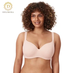 Delimira reggiseno a balconcino da donna liscio a copertura totale t-shirt di grandi dimensioni senza cuciture con ferretto supporto Plus Size intimo DD E