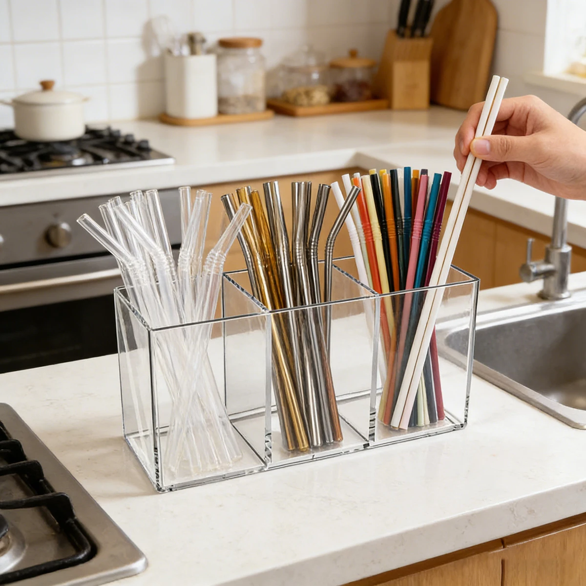 1 Stück Acryl-Strohhalmhalter-Box Küchenarbeitsplatten-Besteckhalter Kunststoff-Aufbewahrungsbehälter für Löffel, Gabel, Messer und Utensilien