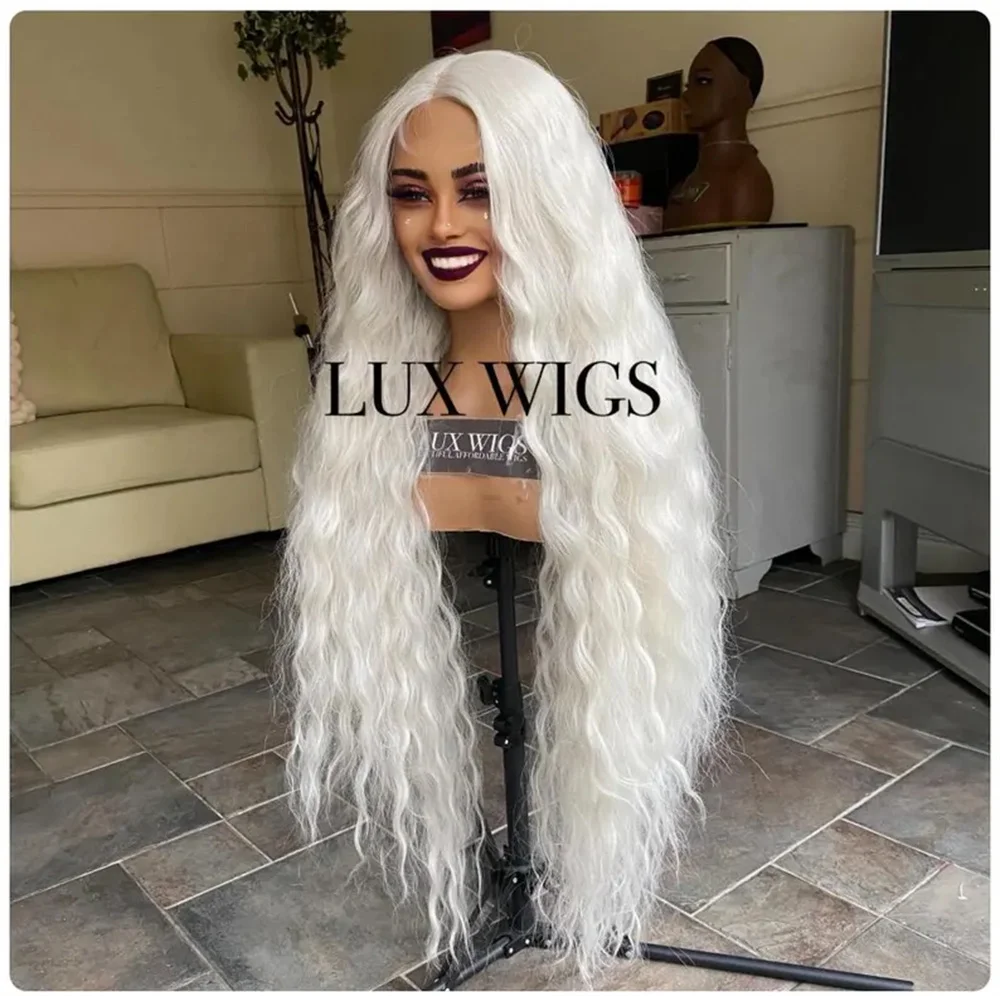 

Long Wavy Platinum Blonde Lace Front Wig 32inches Icy Blonde Super Long Wig Luxury Futura Fiber Gorgeous Lightweight Women Wig