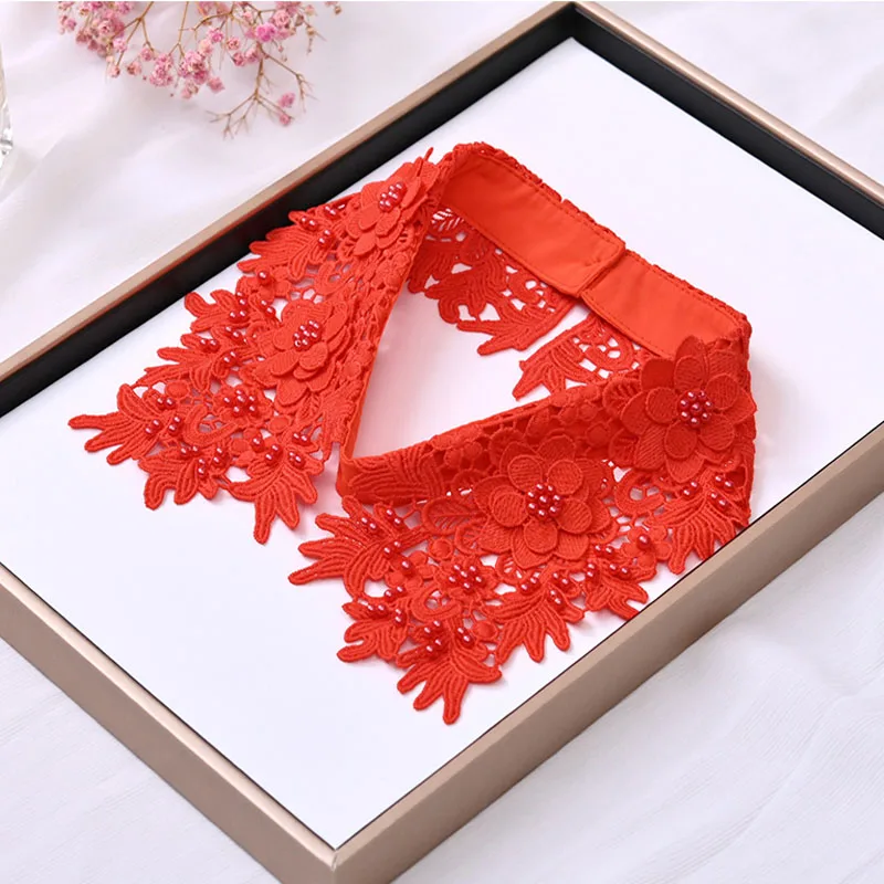 Lace Black White Fake Collar Tie Beading Detachable Collar Shirt False Collar Woman Blouse Top Dickey Detachable Lapel Necklace