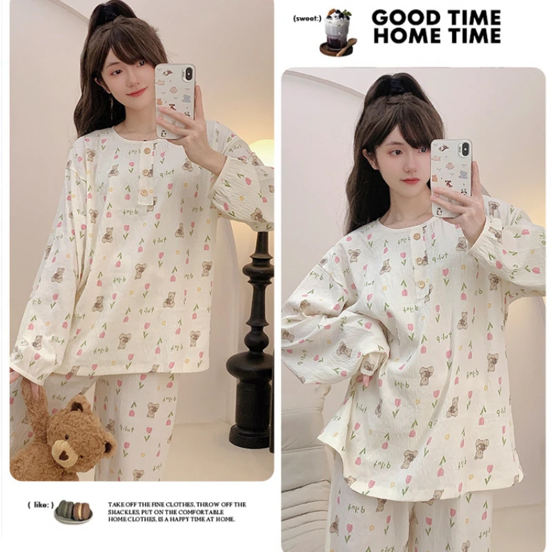 150KG Extra Large Size Women\'s Sweet Pajama Set Cartoon Long Sleeve Comfort Top Long Pants Suit Bubble Crinkled Cloth Homewear