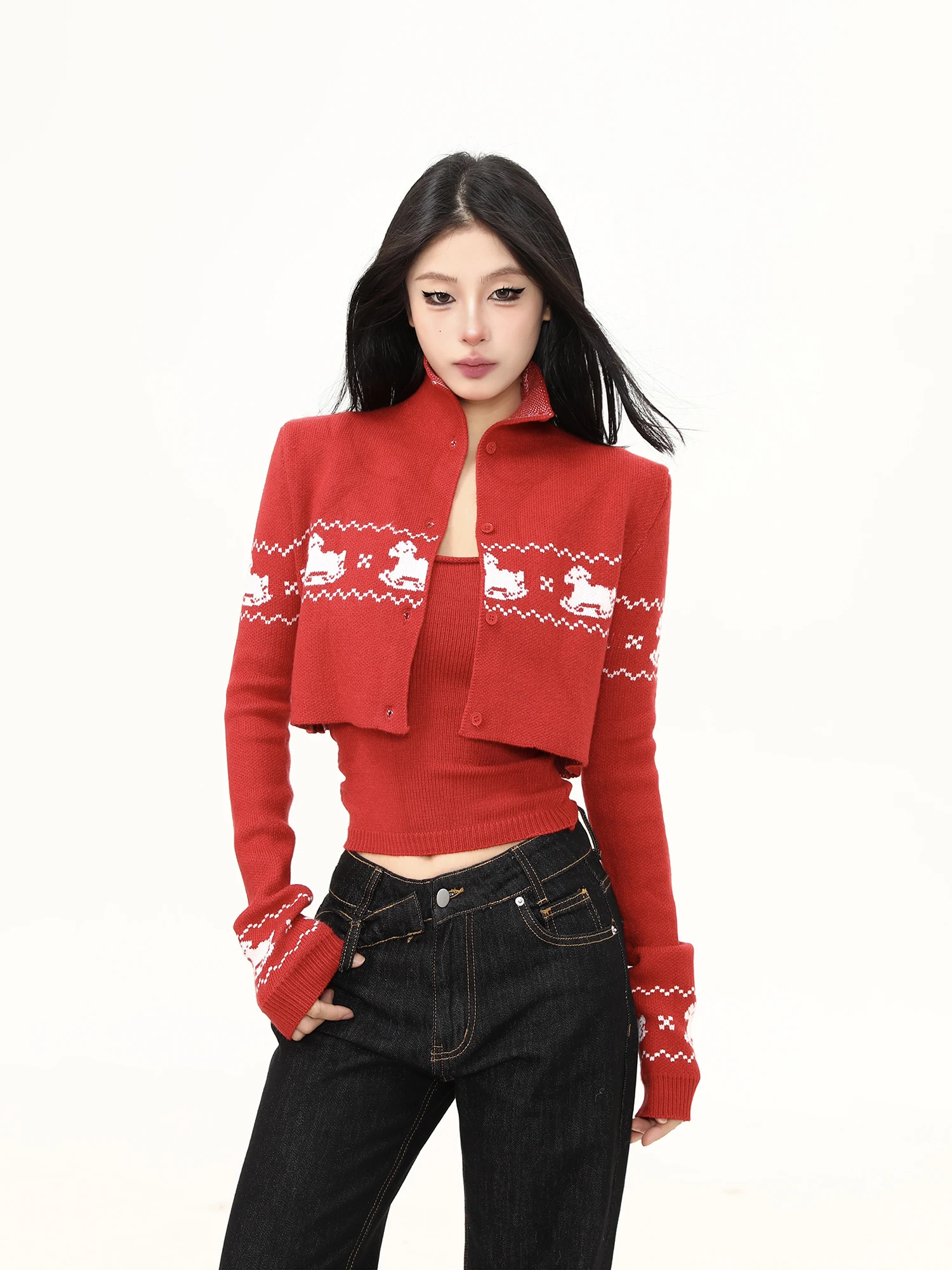 

Женский свитер Cisas Theme, красный, новогодний, уличный стиль, приталенный кардиган, комплект из двух предметов, теплый, с длинными рукавами, уличная мода