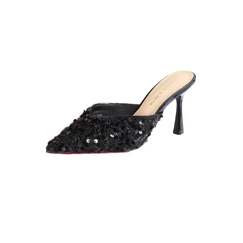 

French-style Closed-toe High-heeled Slippers for Women2026summer New Pointed-toe Stiletto Sexy Sequins Versatile Women's Sandals