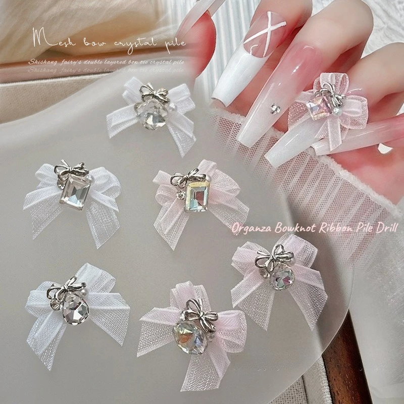 

3pcs Tender White Pink Organza Bowknot Ribbon Pile Drill Heart Rhinestone Crystal Nail Art Decoration DIY Manicure Accessories
