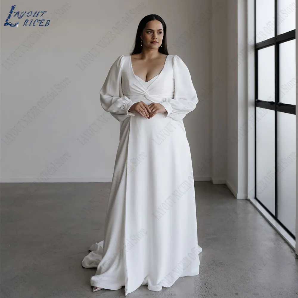 LAYOUT NICEB Plus Size Vestido De Noiva De Cetim Decote Em V A Linha Backless Vestido De Noiva Voltar Beading Longo Puff Mangas robes de mariée 2024LAYOUT NICEB Plus Size Vestido De Noiva De Cetim Decote Em V A Linha B