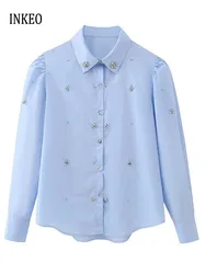 High quality Long puff sleeve shirt Rhinestone blouse Blue for women Spring Summer Fashion Polo collar tops 2024 New INKEO 4T051