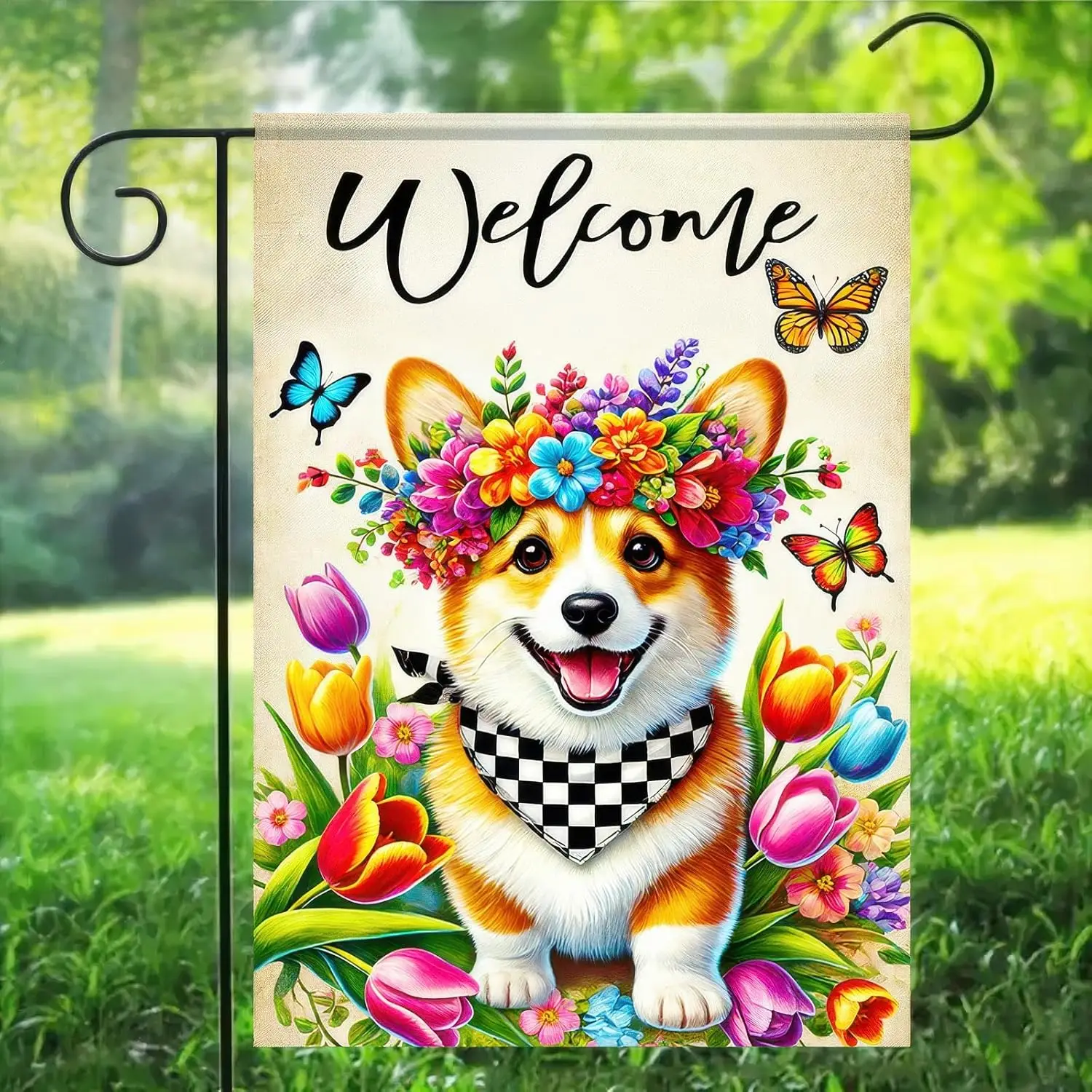 Welcome Spring Summer Garden Flag 12x18 Double Sided Floral Crown Corgi Floral Corgi Garden Flag Spring Summer Yard Flag Flo SSL