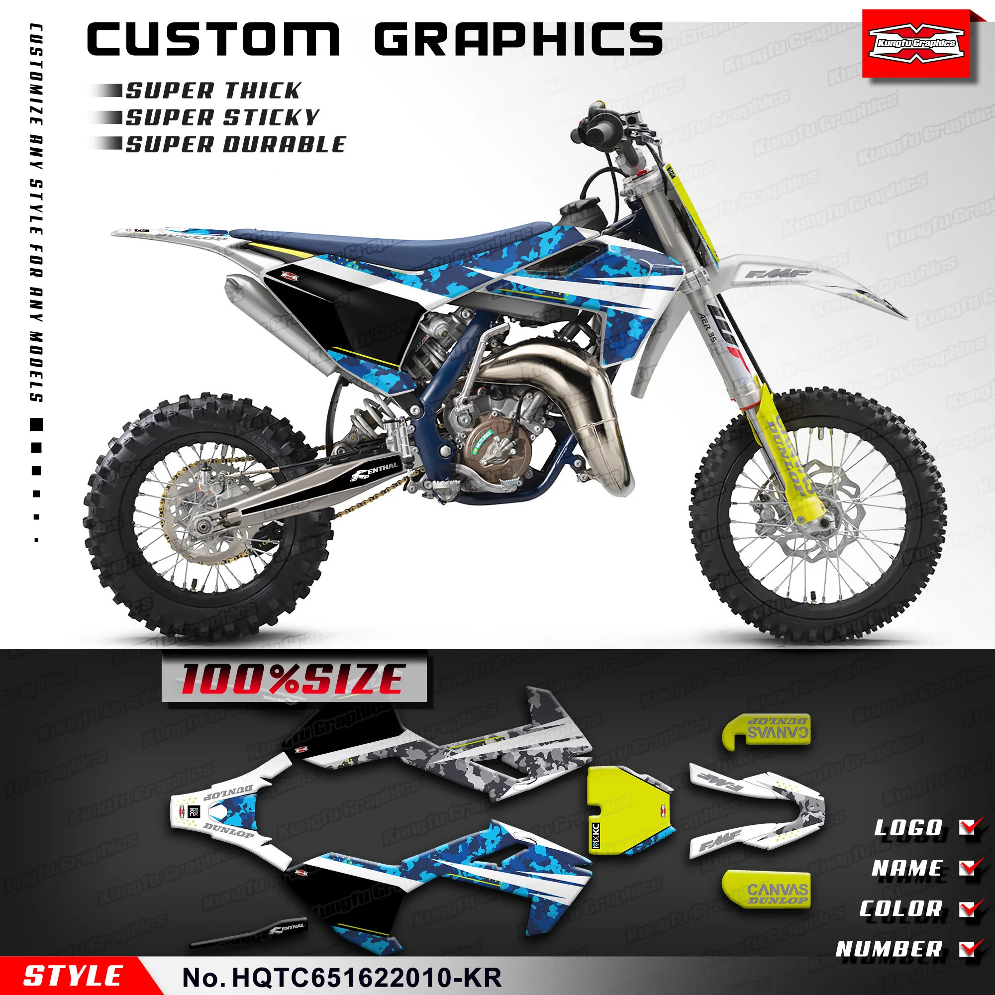 

KUNGFU GRAPHICS Motocross Stickers MX Racing Decals Kit for Husqvarna TC65 TC 65 2016-2023, HQTC651622010-KR