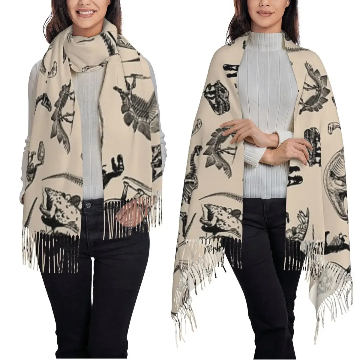 

Vintage Museum Dinosaurs And Skeletons Black And Cream Scarves for Women Shawls and Wraps Long Fall Winter Shawl Wrap