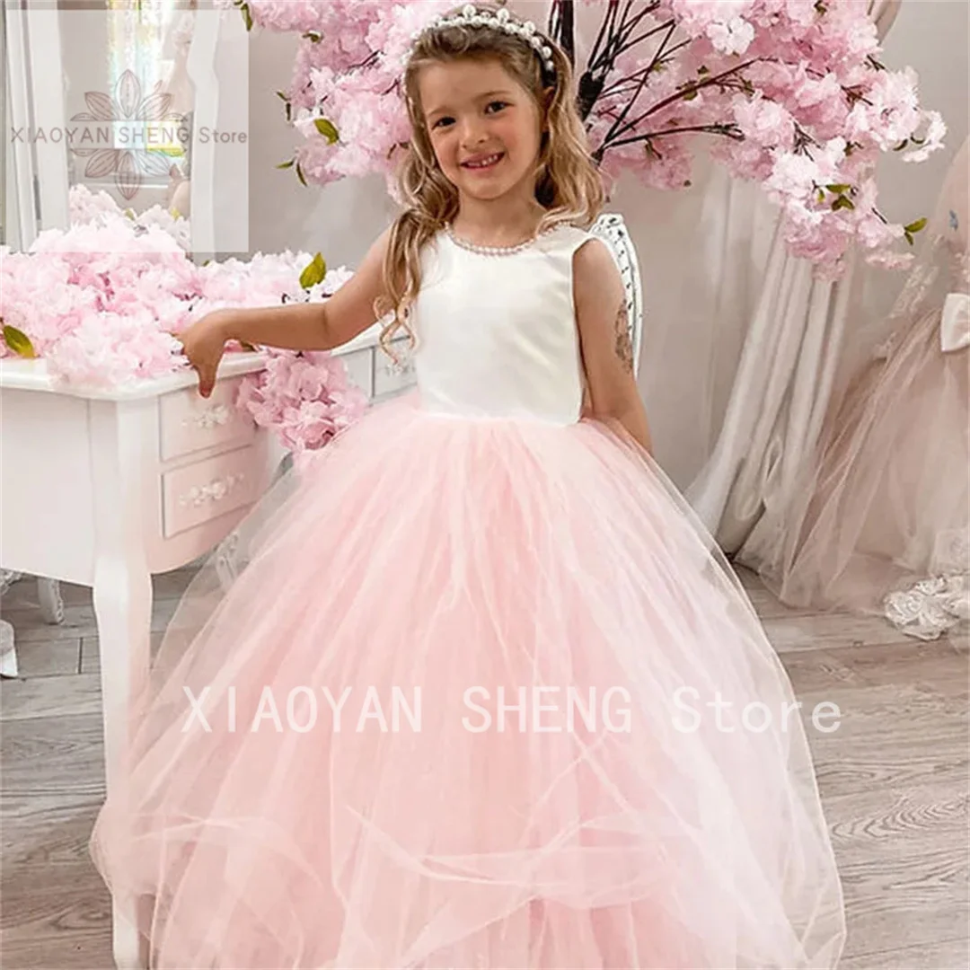 Pink Flower Girl Dresses For Weddings Pearl Neckline Open Back Princess 1st Communion Dress With Bow Kids Formal Party Gowns