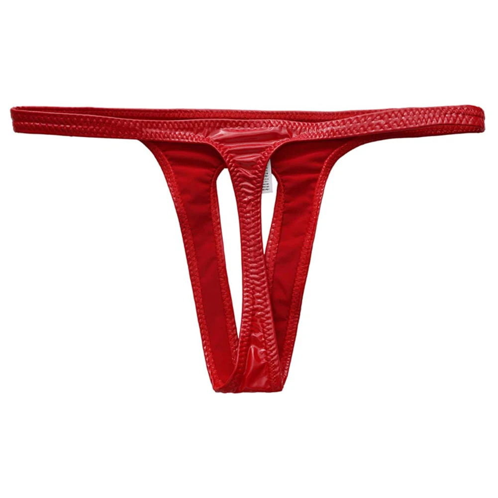 Mens Sexy Thong Imitation Leather G-string Underwear Front Hole Low Rise Male Exotic Lingerie Underpants Red Panties