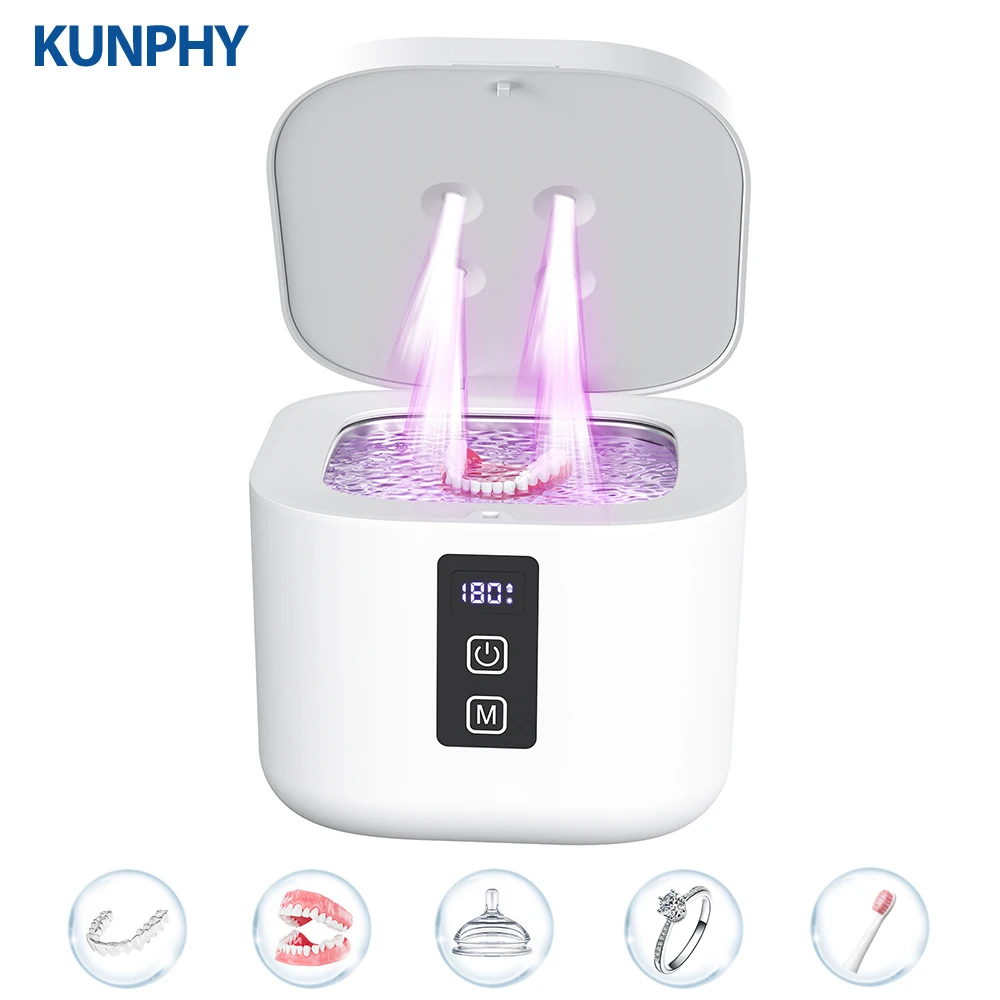 KUNPHY Ultrasonic Cleaner Portable Retainer Denture Cleaning UV Light 48kHz Adjustable Modes For Jewelry Dentures Braces Ring
