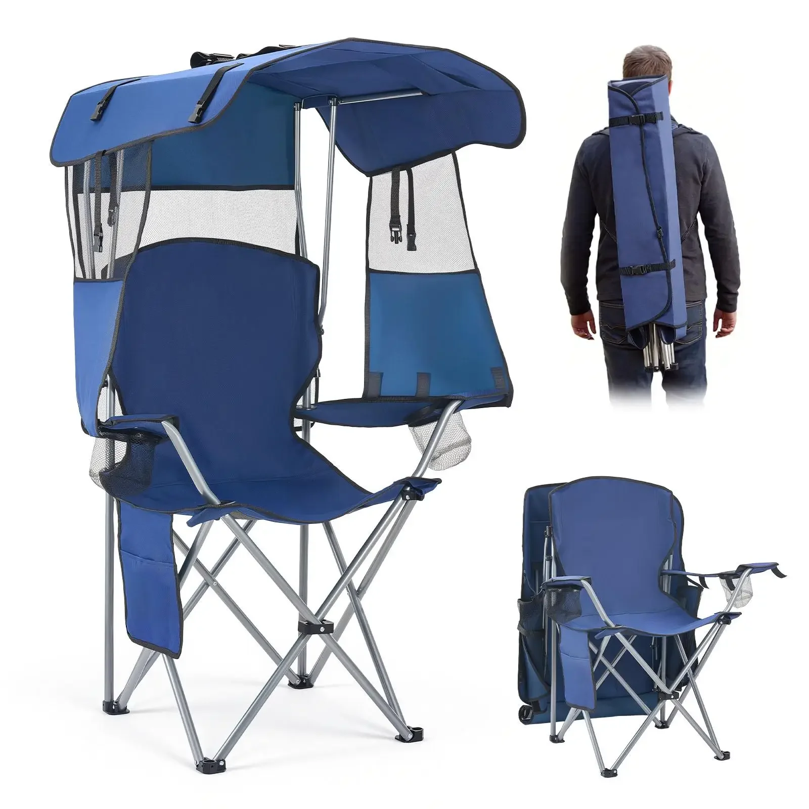 Portable Folding Outdoor Camping Chair with Sunshade Canopy Heavy Duty 330lb Capacity Oxford Fabric Foldable Backpack Beach Chair Collapsible Fishing Picnic Travel Seat for Adults