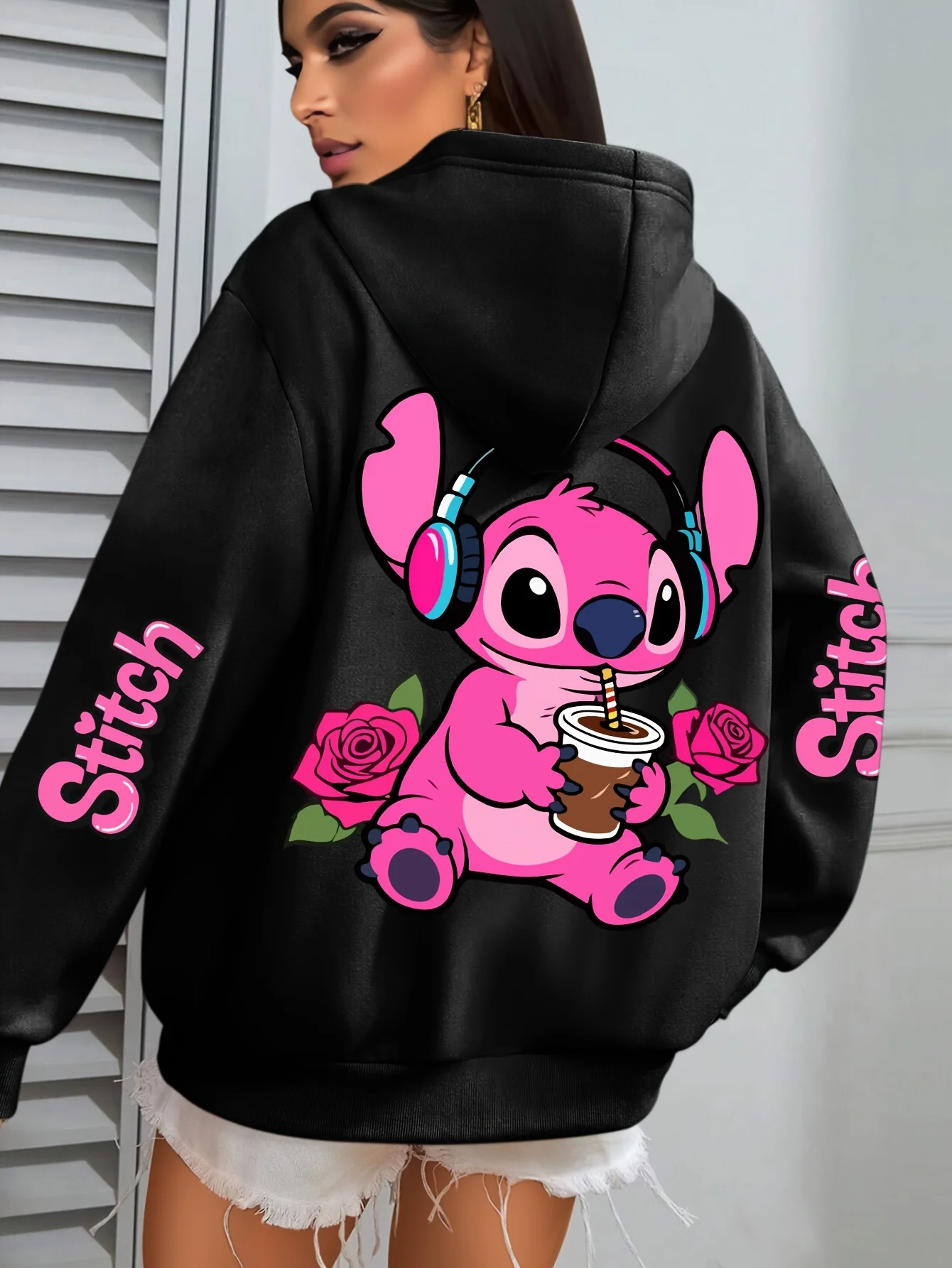 

Толстовка с капюшоном и принтом роз Disney Stitch, розовая, для женщин, весна-осень, свободный крой, в корейском стиле, милая аниме-куртка