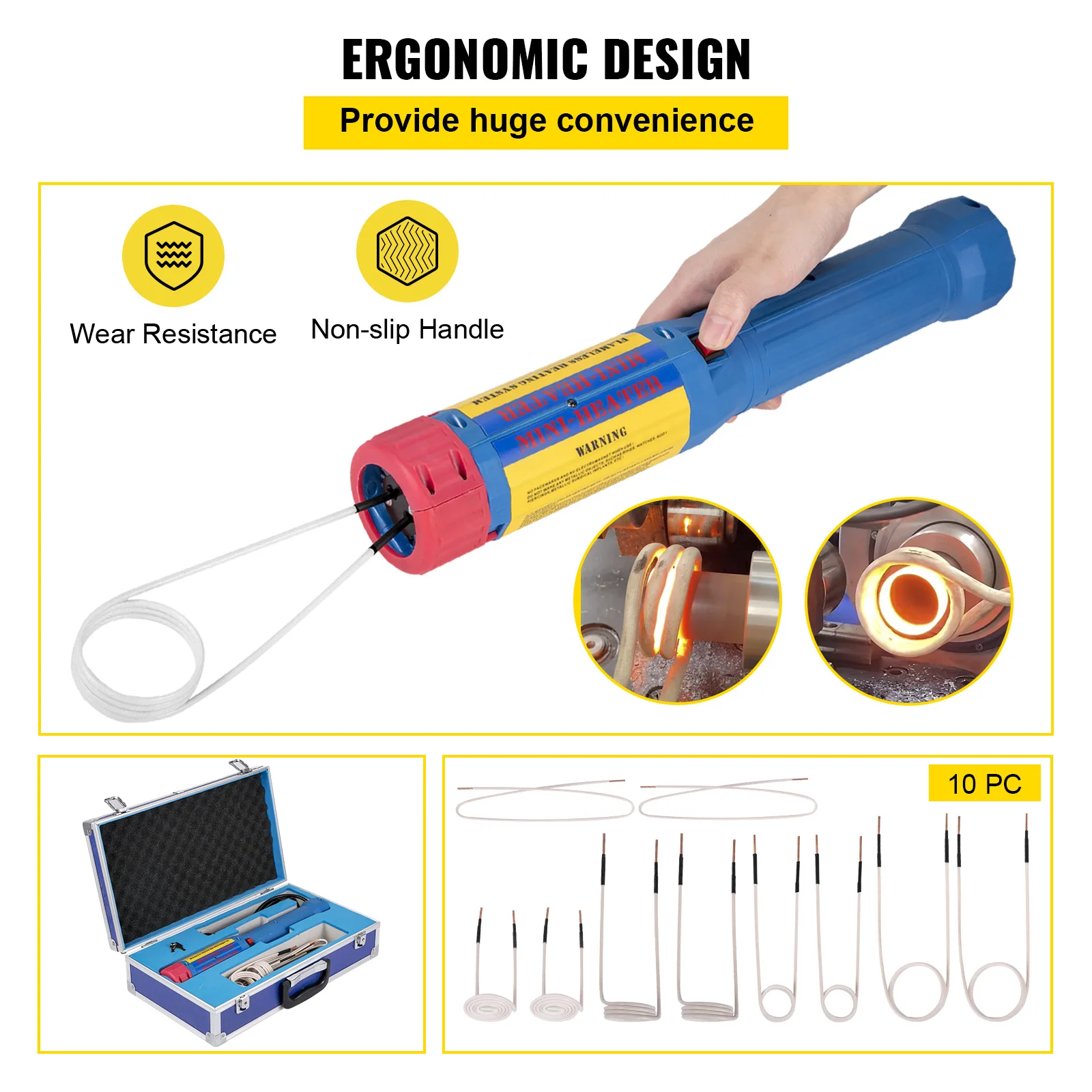 VEVOR 1KW Induction Heater Flameless Electromagnetic Mini W/ 8/10 Coils Kits For Auto Use Bolt Remover Hand-held Repair Tool