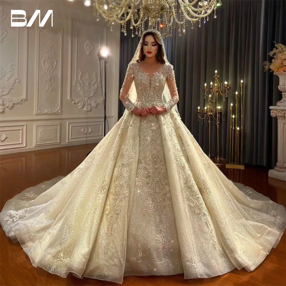 

Champagne Tulle Wedding Dresses For Women Long Illusion Sleeve Beaded Bride Dresses Ball Gown Arabic Wedding Party Dresses