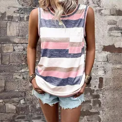 2024 Europe And The United States Summer New Cross-Border Women's Striped Button-Down Color Patch Bag Casual Vest T-Shirt