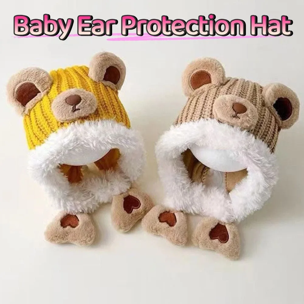 

Kawaii Cartoon Beanie Caps Bear Coldproof Baby Ear Protection Hat Strap Design Comfortable Knitted Warm Hat for Boys Girls