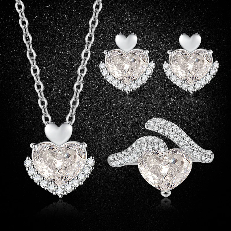 S925 Sterling Silver White HeartShaped Rose Cut Cubic Zirconia 3Piece Set, Ring Pendant Earrings Necklace