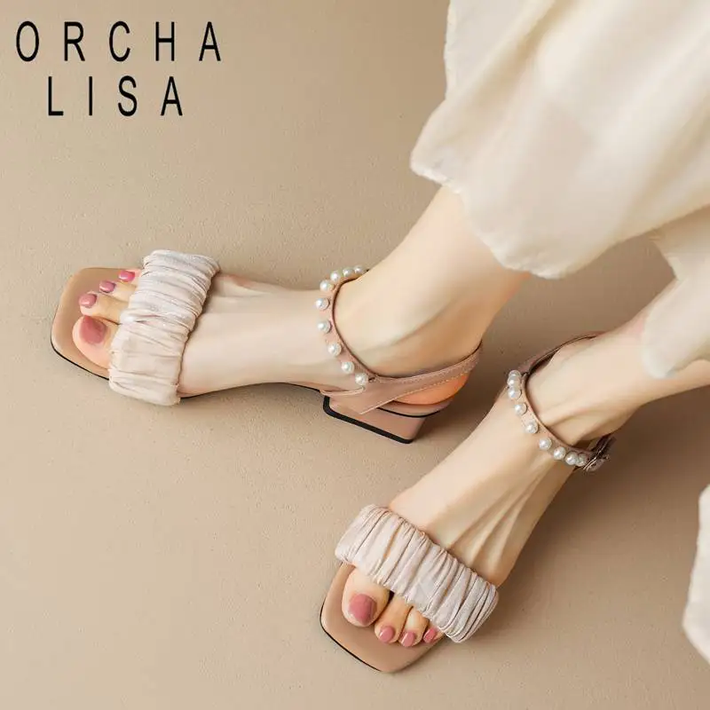 

ORCHA LISA Women Sandals Square Toe Block Heels 4cm Buckle Strap Beads Big Size 40 41 42 43 Soft Female Sweet Daily Shoes