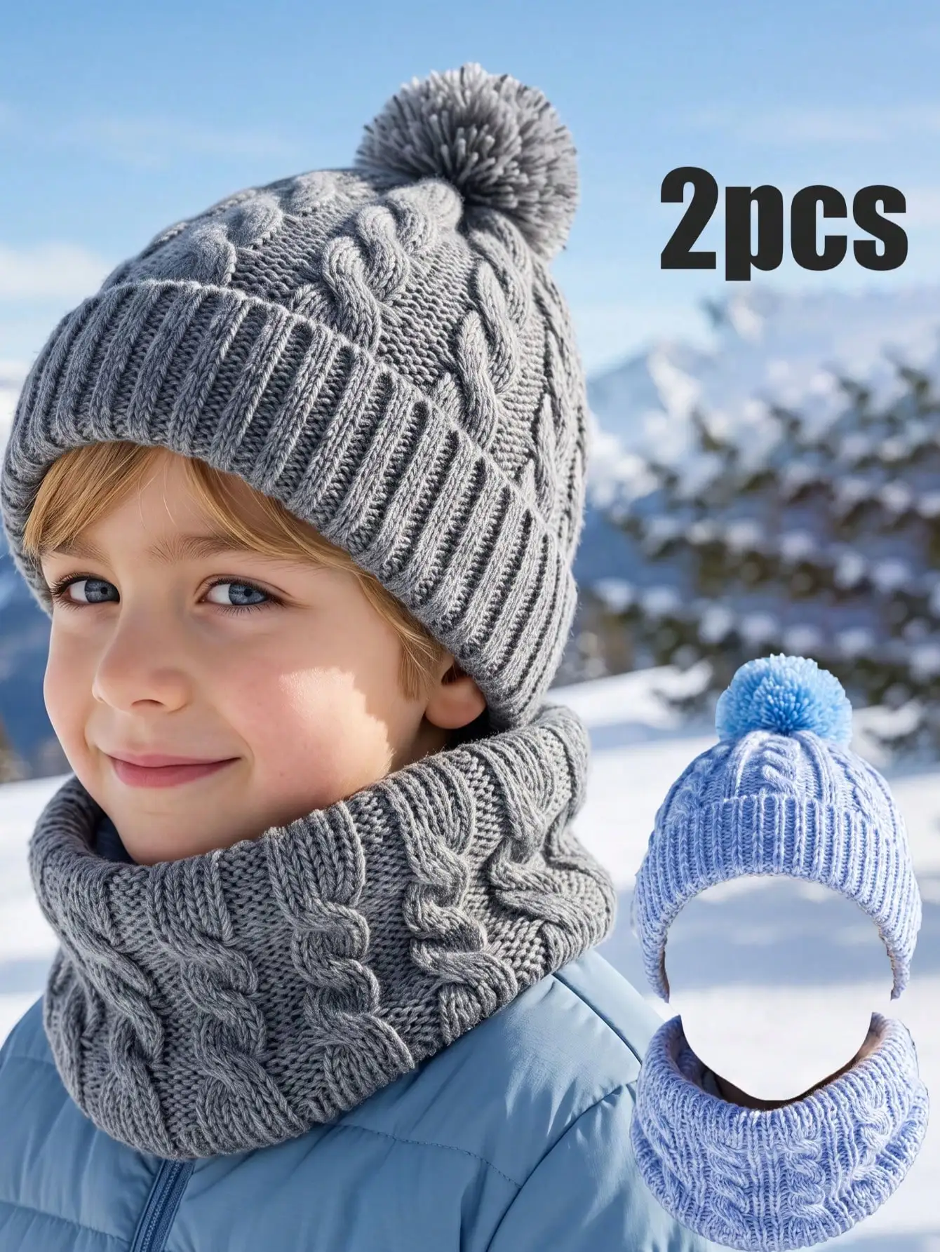 2pcs 3-8Y Cute Boys Kids Knit Hat & Scarf Set, Casual Pom Pom Decor Soft 2-Piece Accessory Kit
