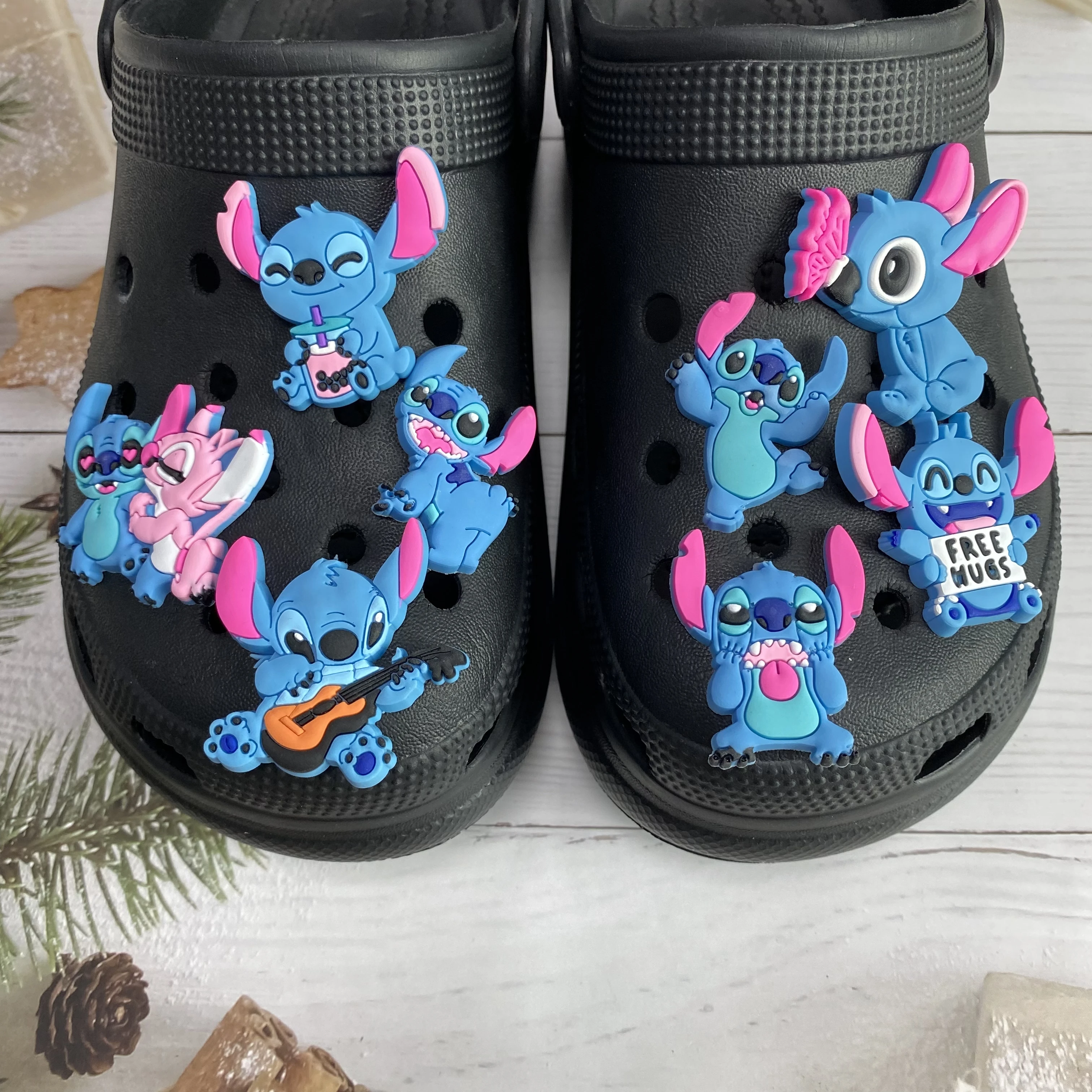 

8-50Pcs Cartoon Stitch Free Hugs PVC Shoes Charms Accessories Miniso Lovely Sandal Buckle DIY Kids Bracelet
