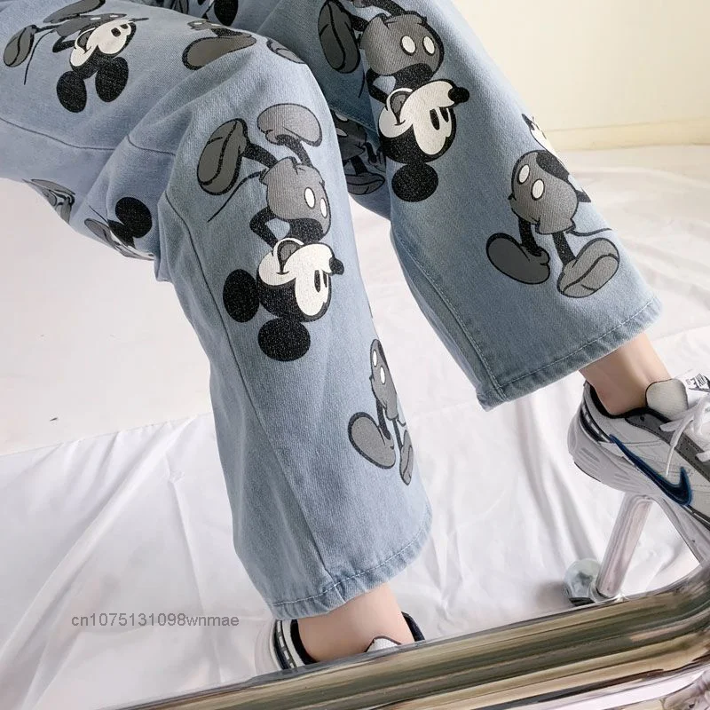 Disney Cute Trendy Cartoon Print Mickey Mouse Jeans for Women New Couple Casual Wide Leg Denim Pants Autumn Trousers Clothes