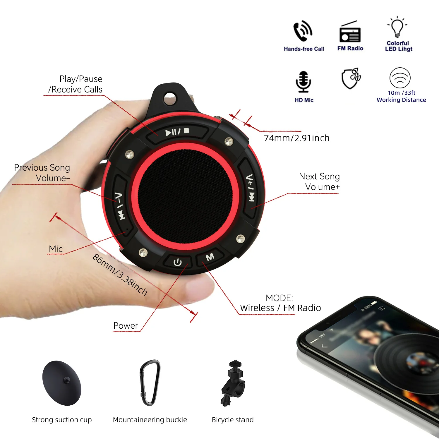 Outdoor Waterproof Bluetooth Speaker TWS Subwoofer Hands-free Call LED Light Strong Suction Cup Heavy Bass Surfing with FM Radio