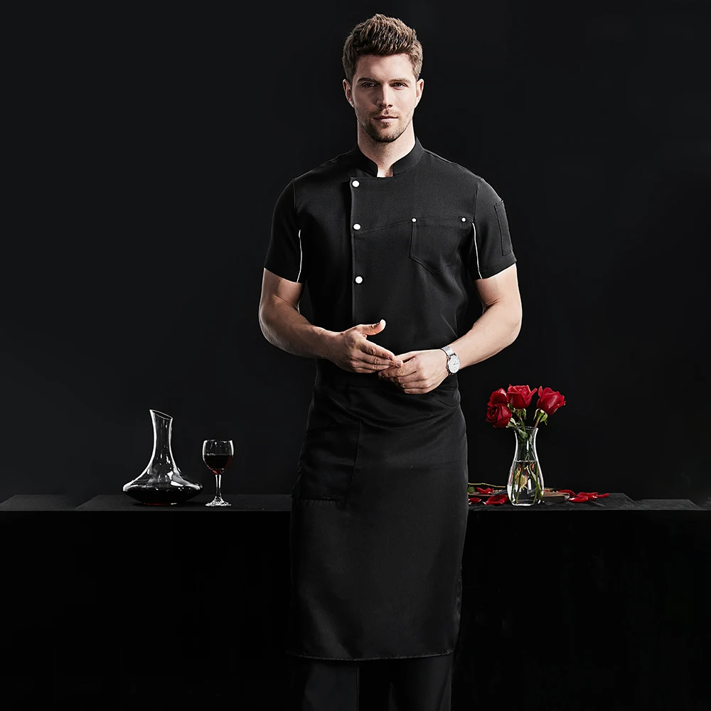 Ropa de cocina azul para hombre, chaqueta para restaurante, Hotel, Chef, uniforme, camisas de trabajo de Catering, M-4XL