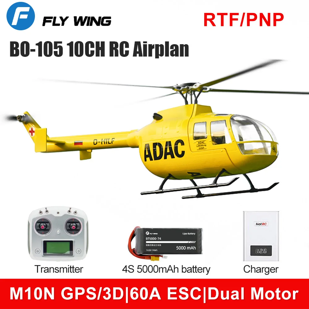

FLYWING BO-105 Helicopter 10CH 60A ESC GPS Dual Motor Simulation RC Model H1 Self-Stabilizing RTF/PNP One Click Return Airplane