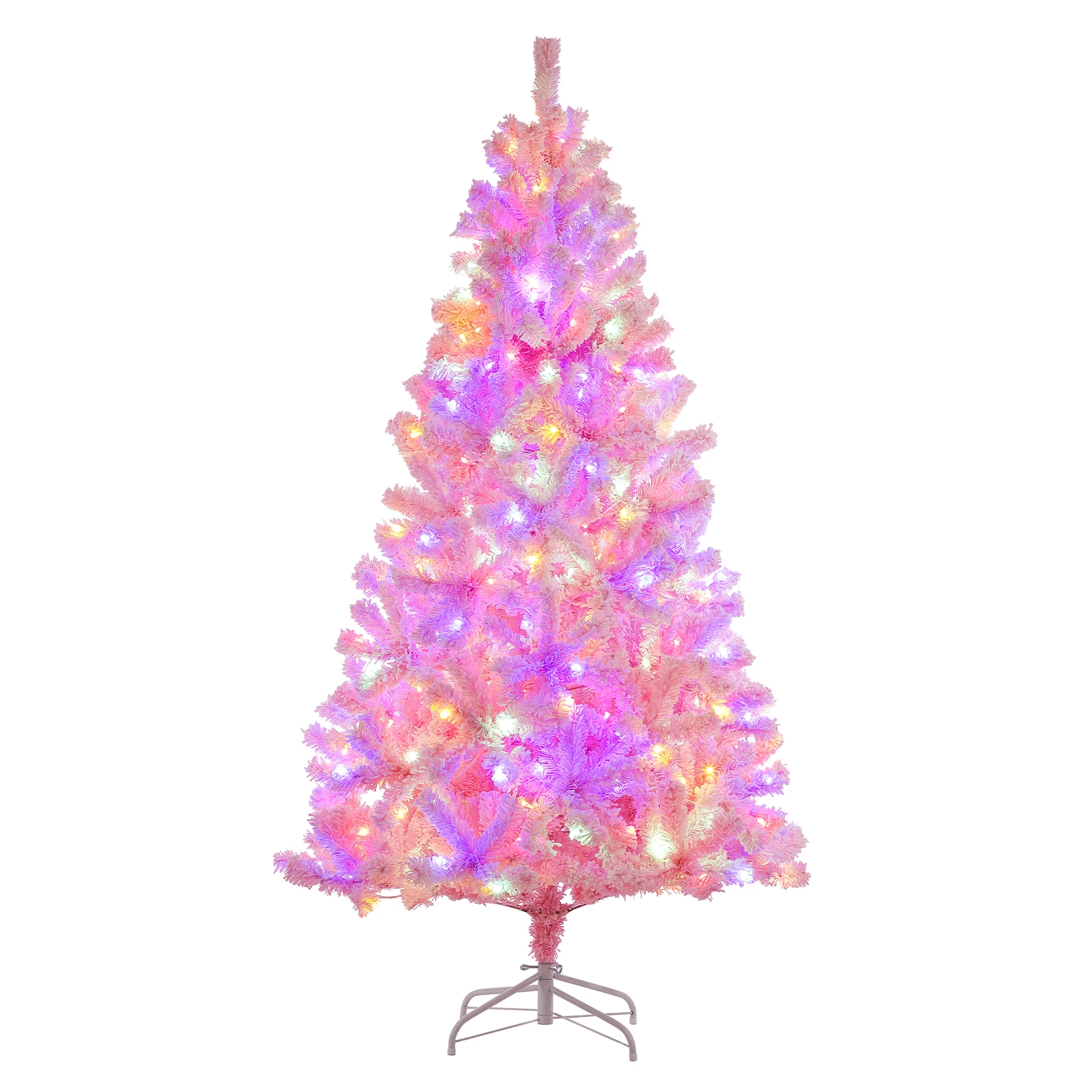 6Ft Pink Pre-lit Christmas Tree, Snow Flocked Artificial Xmas Tree with 250 Multi Color LED Lights 751 Branch Tips and Foldable