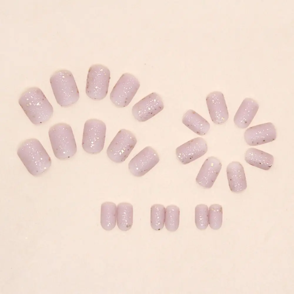 Detachable Short Round False Nails French Glitter Slices Fake Nails Full Cover Flowers Nail Tips for DIY