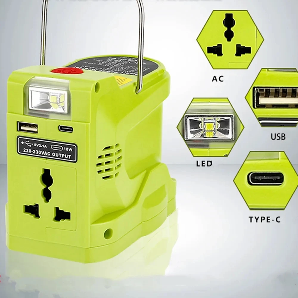 Generatore di corrente portatile da 200W con doppia luce a LED USB 280LM per Inverter portatile a batteria al litio Ryobi 18V