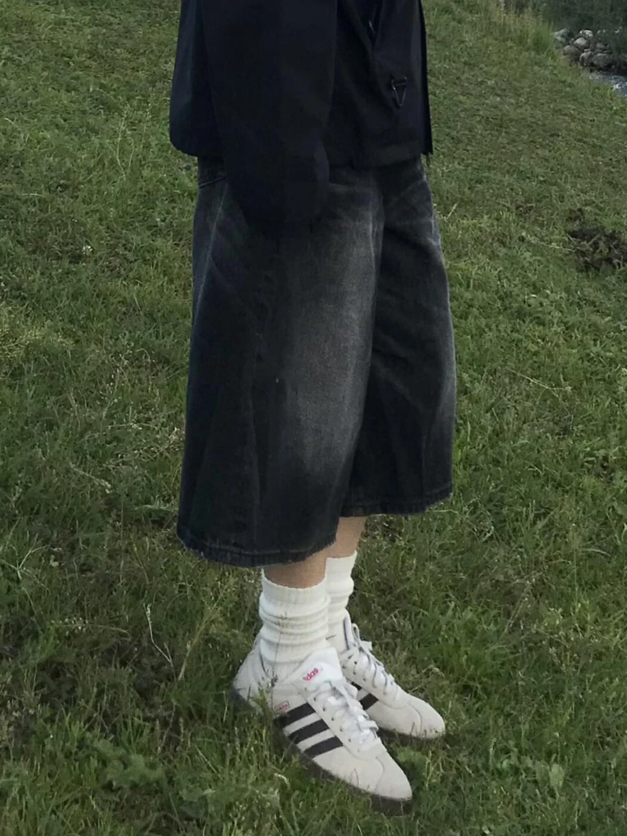 PBAP Do النساء المسنات واسعة الساق الدنيم السراويل كبيرة الحجم منخفضة الخصر الأسود غسلها المتوترة شعيرات فضفاض الجينز الجورت ملابس خمر غير رسمية #6